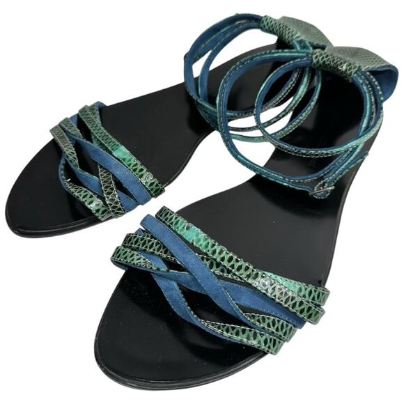 Kathryn Amberleigh Women’s Size 9.5 Blue Green Snakeskin Strappy Sandals - Picture 1 of 9